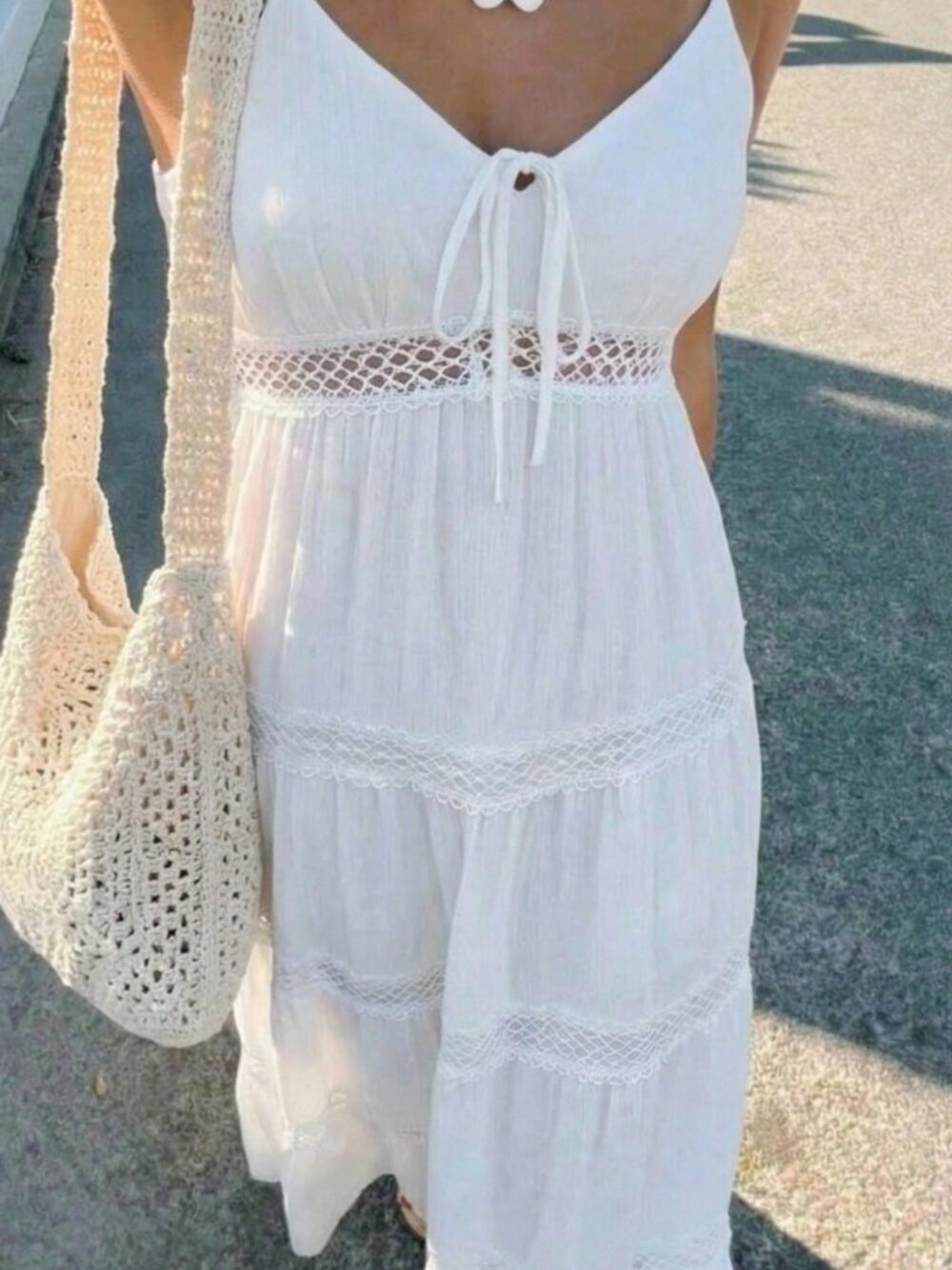 White Casual Women's Music Festival Dress Woven Spaghetti Strap Vacation Dress - Picture 8 of 8